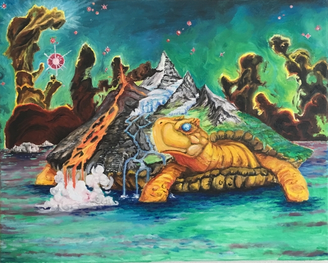 A great land turtle, with golden orange skin and icy blue eyes, carying many environments on their back. They wade in an endless shallow sea and behind them  you can see a sky filled wih stellar nebula, including the iconic Pillars of Creation. Lava and glacial meltwater flow off the turtle's back and you can see a chain on black basalt islands leading back towards the horizon
