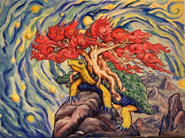 This turtle is yellow skinned and is perched atop a range of purple mountains. They have a green shell with a blue belly, and a great firey-red tree grows on their back. The background is Starry Night inspired and is a swirl of blue with little yellow orbs implying distant worlds or stars