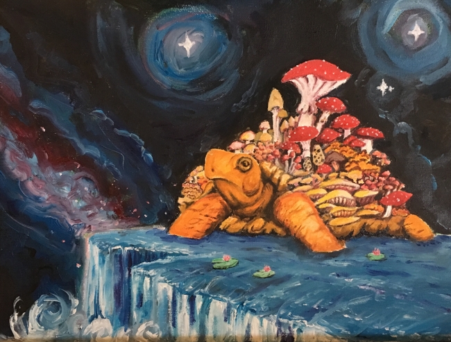 A great Land Turtle with a mushroom forest on their back. They have black beady eyes and I may have used Mitch McConnell as a refernce. This turtle is however a cool dude despite the resemblance. They stand at the above a waterfall, giant lilly pads float in the waters and the sky is a cosmic backdrop of a dark void with a few bright white stars and a galaxy aglow with muted blues and purples. Our tutle friend is painted in an array of harvest colors and the fugi on their back are largly orange and brown shelf mushrooms, with a mix of red and brown caps and a few morrel inspired little guys.