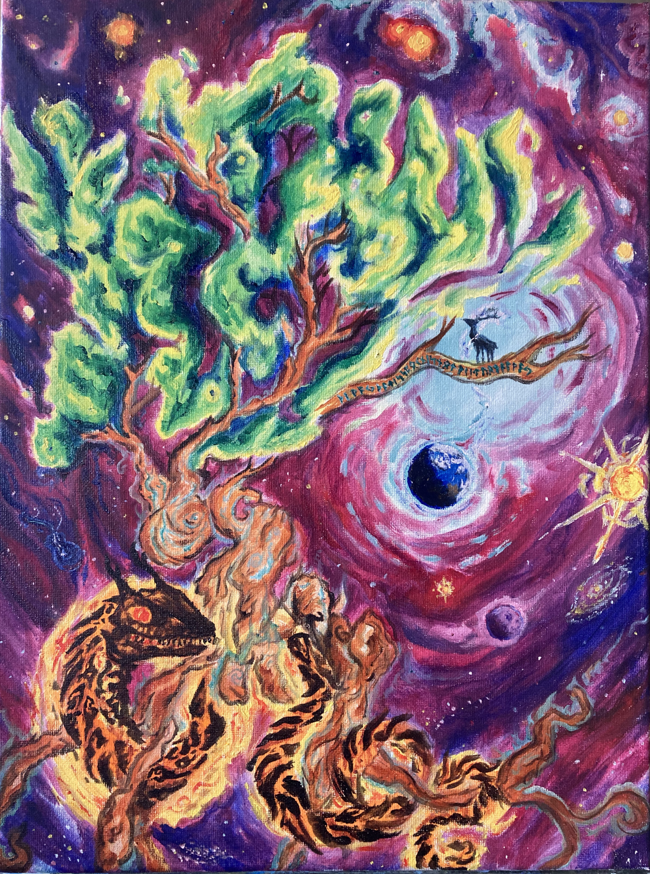 A depiction of Yggdrassil the World Tree as a stellar nebula, with a firey serpent wrapped round its roots. A branch extends from the tree and is inscribed with runes that read 'The way that is spoken is not the eternal way'. A great stag stands on the limb and blue whisps flow from its antlers to the Earth. The sun and moon are near by and a galaxy is in the distance, the cossmic background is mostly shades of dark purple and blue with scatterd stars
